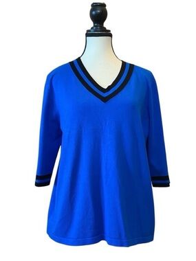 Cashmere Cotton Blend V-neck Blue Women’s Sweater with Contrasting Stripe Size M